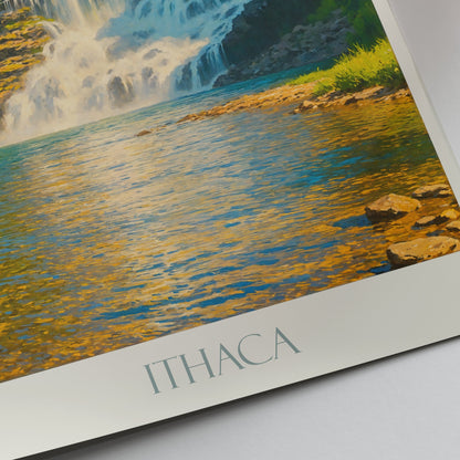 Ithaca Travel Poster, New York Waterfall ~ Upstate NY Landscape Art Print | Nature Home Decor Gift