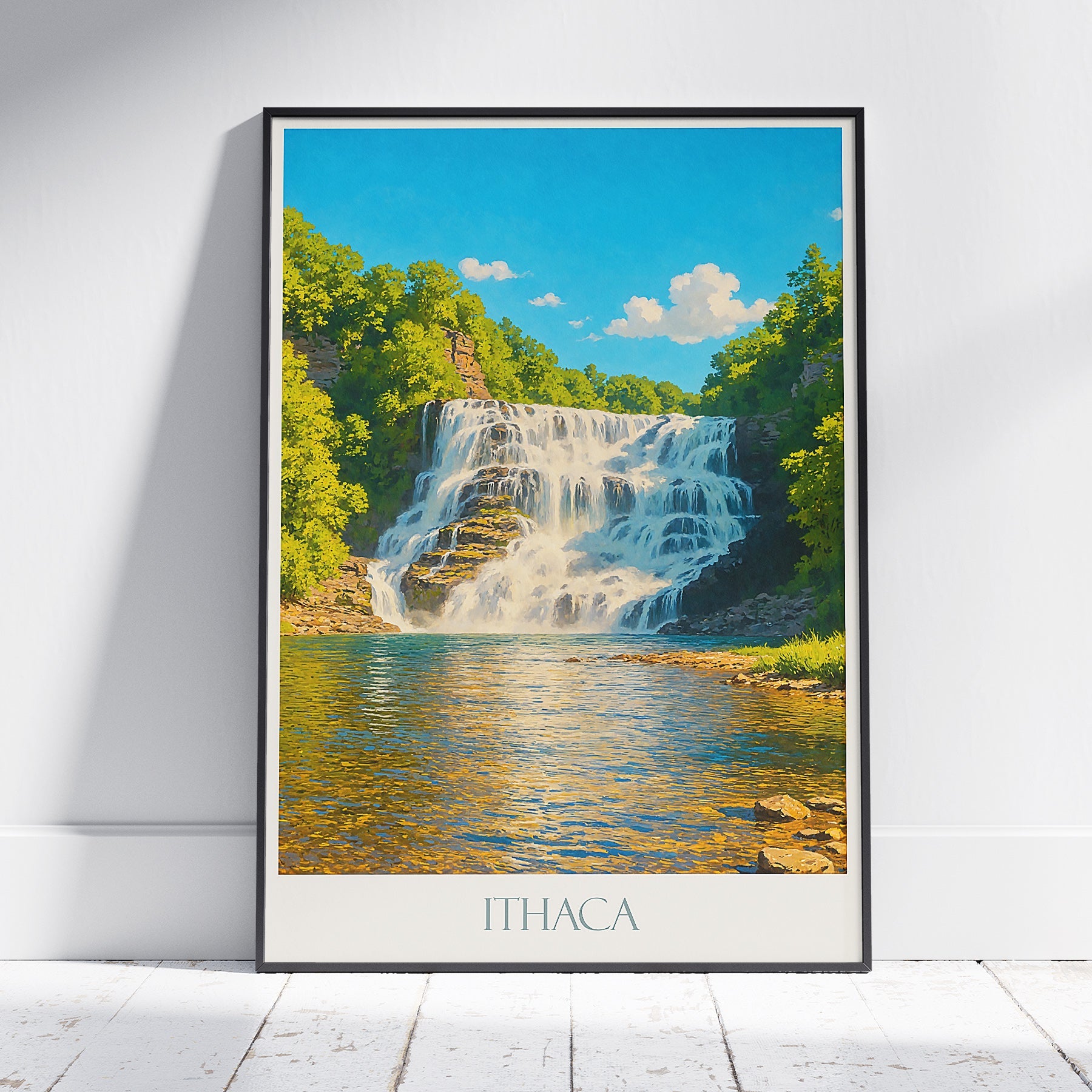 Ithaca Travel Poster, New York Waterfall ~ Upstate NY Landscape Art Print | Nature Home Decor Gift