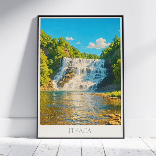 Ithaca Travel Poster, New York Waterfall ~ Upstate NY Landscape Art Print | Nature Home Decor Gift