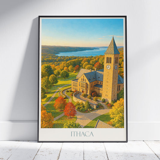 Ithaca New York Travel Poster | Cornell University McGraw Tower Fall Art Print | Scenic College Campus Wall Decor | Autumn Landscape Gift
