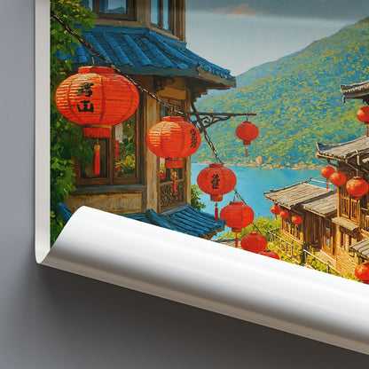 Jiufen Taiwan Travel Poster | Hand-Painted Mountain Village Art Print | Asian Lanterns Wall Decor