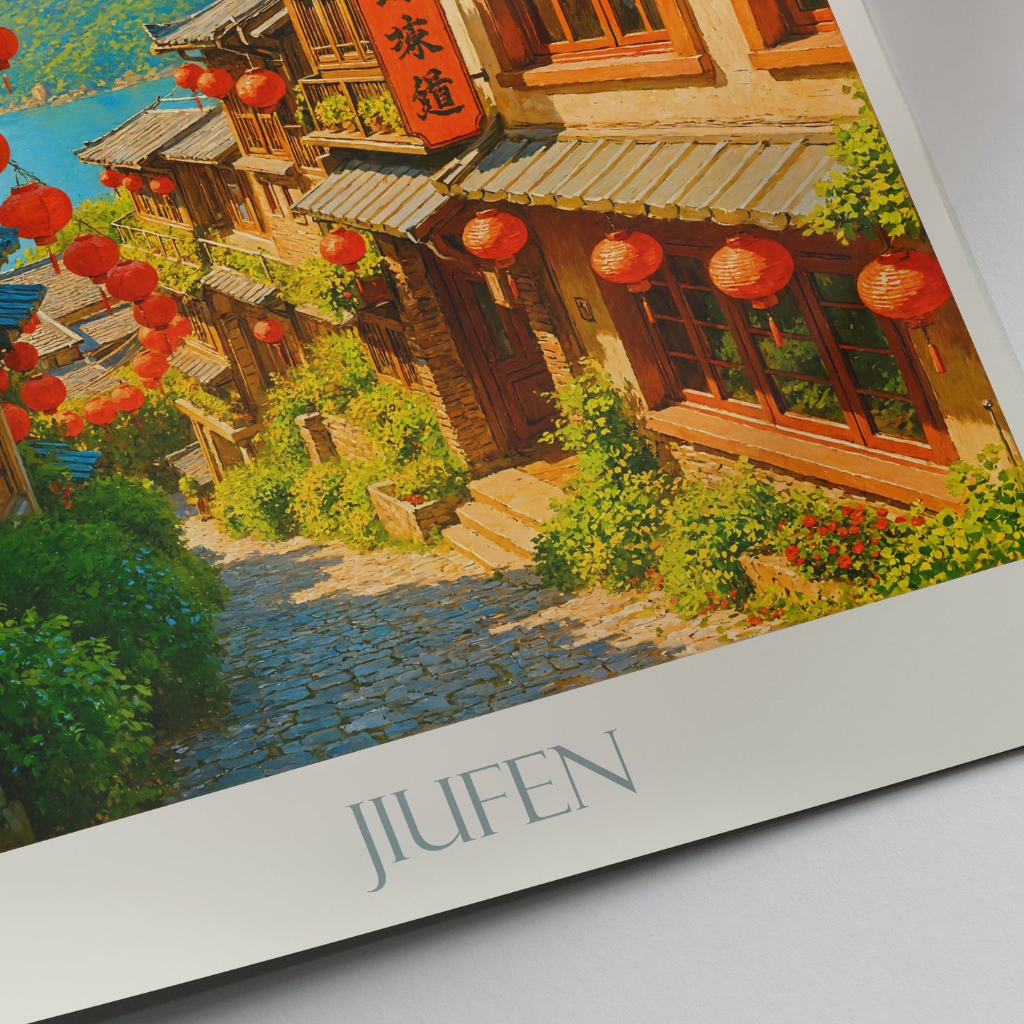 Jiufen Taiwan Travel Poster | Hand-Painted Mountain Village Art Print | Asian Lanterns Wall Decor