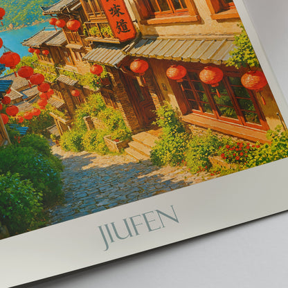 Jiufen Taiwan Travel Poster | Hand-Painted Mountain Village Art Print | Asian Lanterns Wall Decor