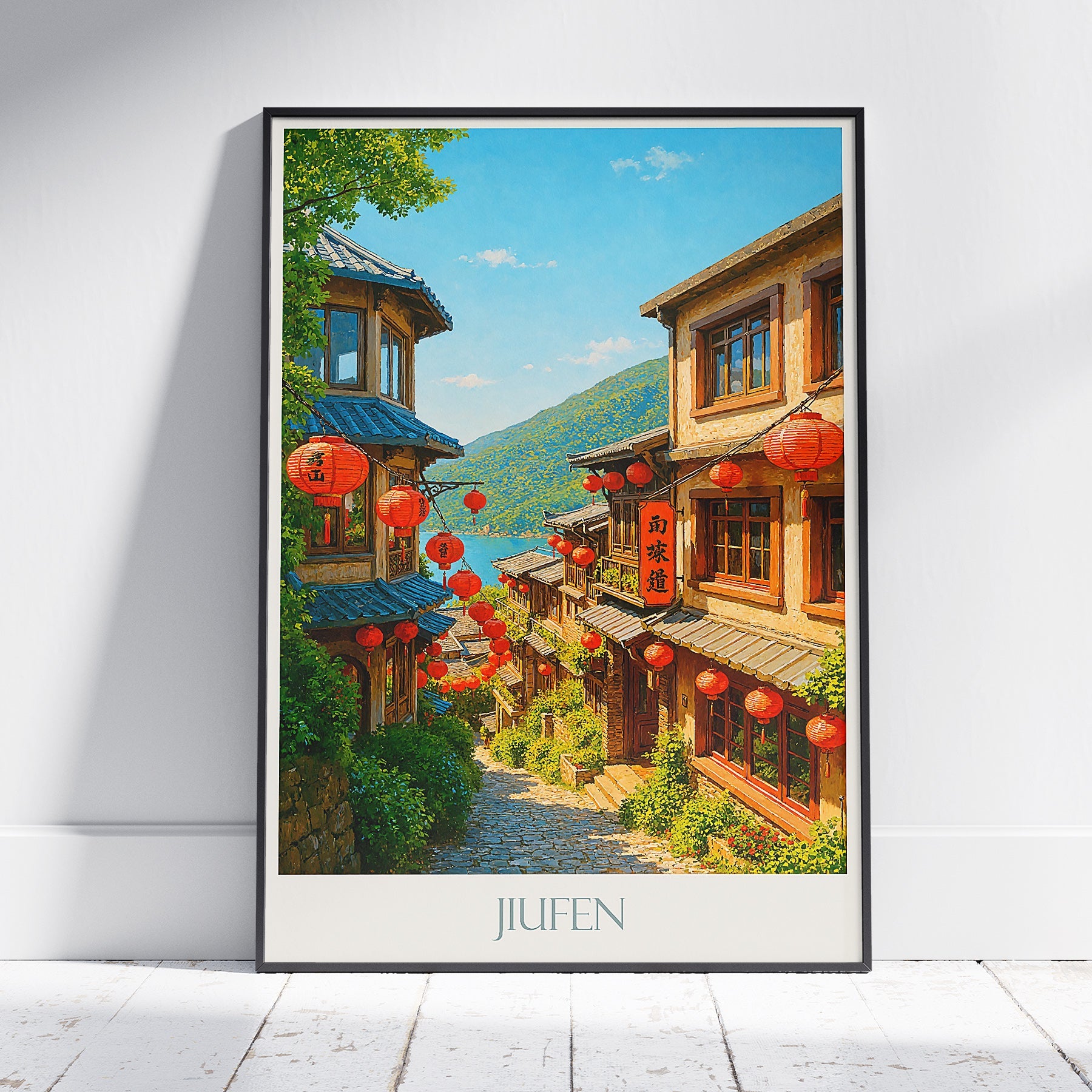 Jiufen Taiwan Travel Poster | Hand-Painted Mountain Village Art Print | Asian Lanterns Wall Decor
