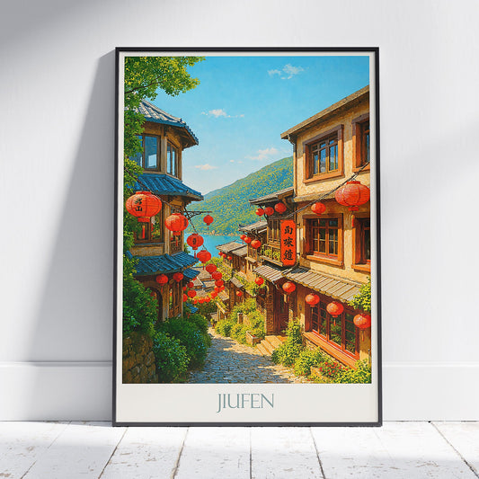 Jiufen Taiwan Travel Poster | Hand-Painted Mountain Village Art Print | Asian Lanterns Wall Decor