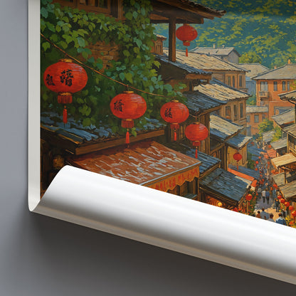Jiufen Travel Poster | Taiwan Old Street Red Lanterns Art Print | Hand-Painted Asian Wall Decor | Spirited Away Vibe Gift
