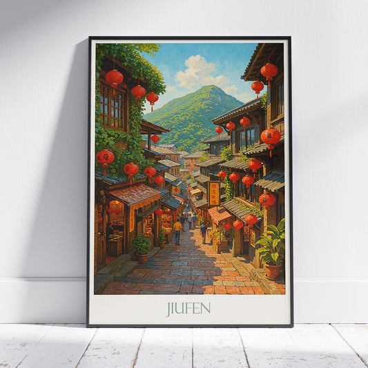 Jiufen Travel Poster | Taiwan Old Street Red Lanterns Art Print | Hand-Painted Asian Wall Decor | Spirited Away Vibe Gift