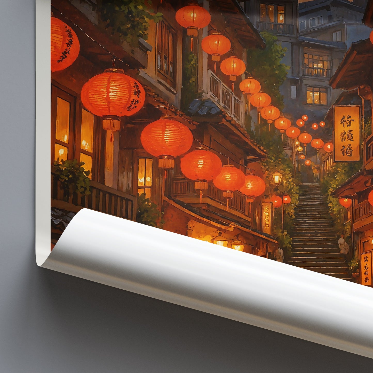 Jiufen Taiwan Travel Poster, Old Street at Dusk ~ Red Lanterns Art Print | Spirited Away Inspired Wall Art | Asia Home Decor Gift