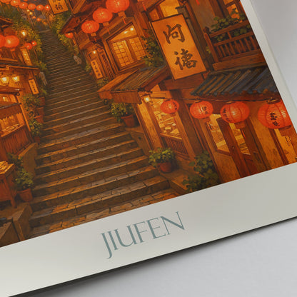 Jiufen Taiwan Travel Poster, Old Street at Dusk ~ Red Lanterns Art Print | Spirited Away Inspired Wall Art | Asia Home Decor Gift