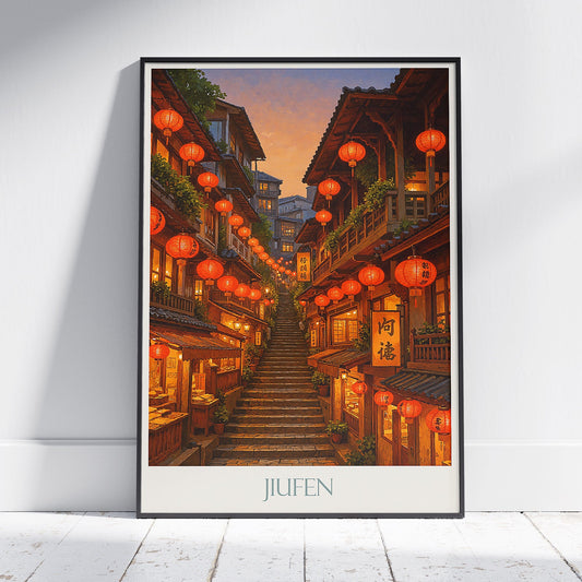 Jiufen Taiwan Travel Poster, Old Street at Dusk ~ Red Lanterns Art Print | Spirited Away Inspired Wall Art | Asia Home Decor Gift