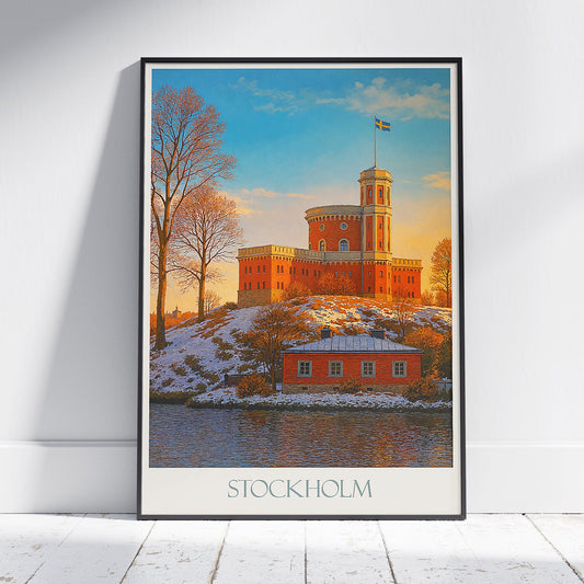 Stockholm Kastellet Winter Poster | Sweden Snowfall Art Print | Vintage Painted Wall Art | Scandinavian Home Decor Gift