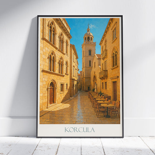 Korcula Old Town Travel Poster, Gothic Street Art Print | Croatia Wall Art | Historic Mediterranean Cityscape