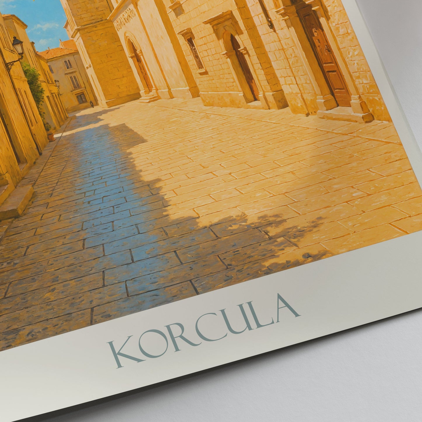 Korcula Travel Poster, Historic Street View ~ Croatia Bell Tower Art Print | Mediterranean Bougainvillea Wall Decor