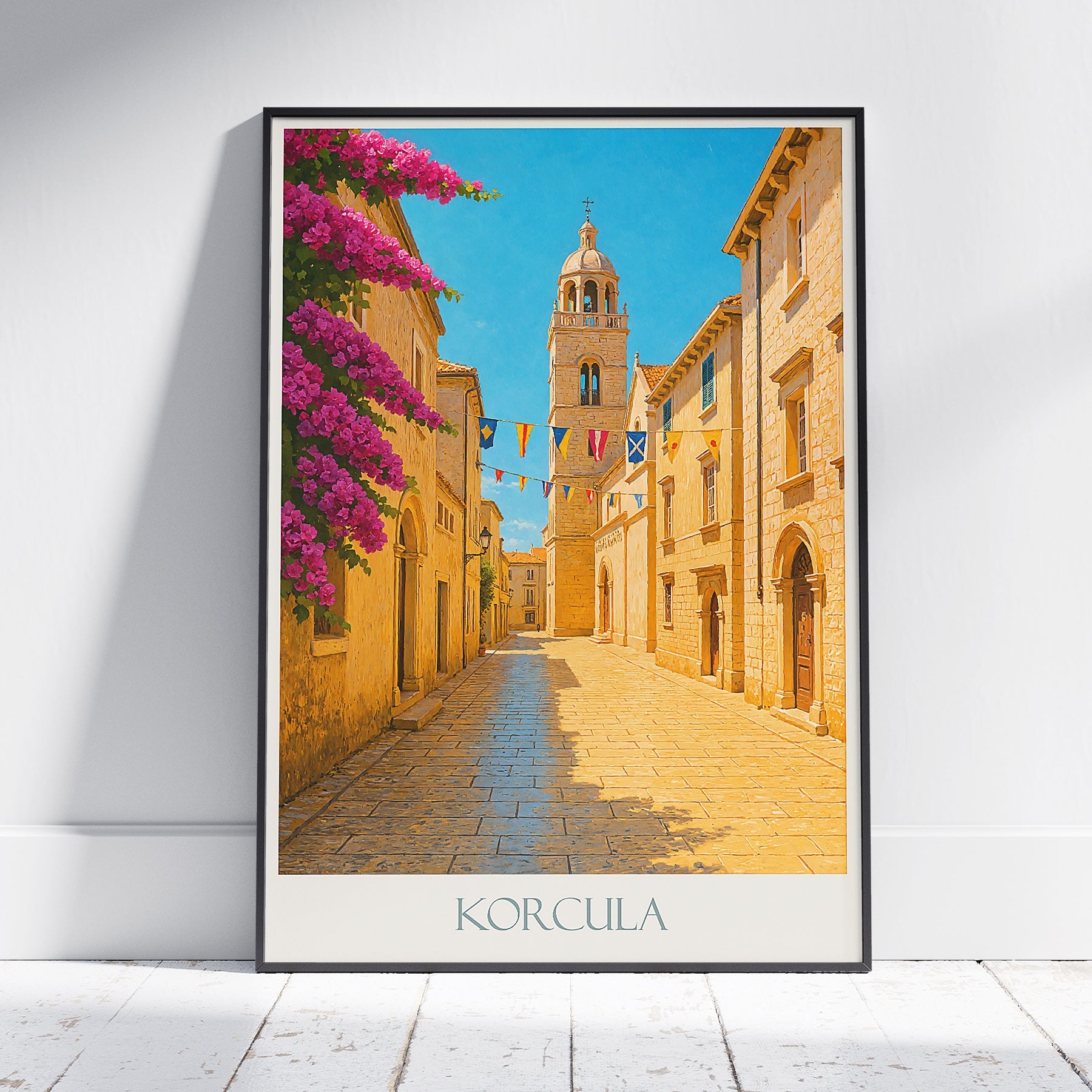Korcula Travel Poster, Historic Street View ~ Croatia Bell Tower Art Print | Mediterranean Bougainvillea Wall Decor