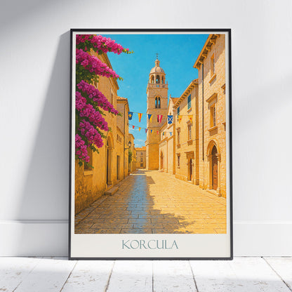 Korcula Travel Poster, Historic Street View ~ Croatia Bell Tower Art Print | Mediterranean Bougainvillea Wall Decor