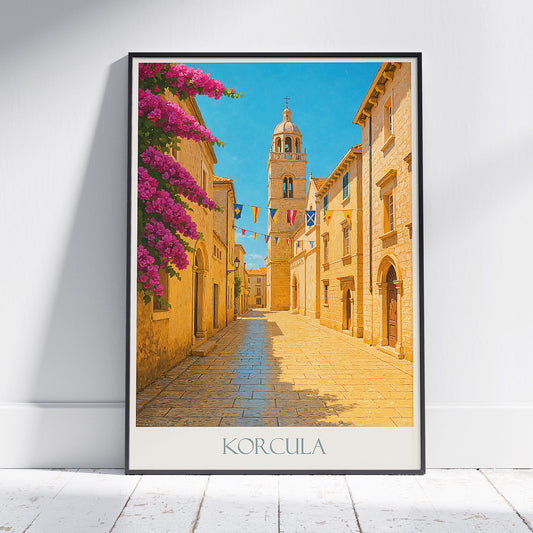 Korcula Travel Poster, Historic Street View ~ Croatia Bell Tower Art Print | Mediterranean Bougainvillea Wall Decor