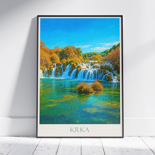 Krka Waterfalls Travel Poster | Croatia National Park Art Print | Autumn Landscape Painting | Vibrant Wall Art Decor