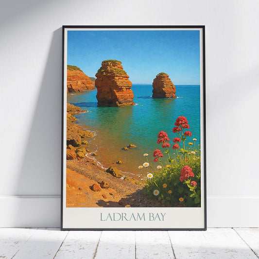 Ladram Bay Sea Stacks Travel Poster | Jurassic Coast Wall Art Print | Devon England Coastal Decor | UK Vacation Gift