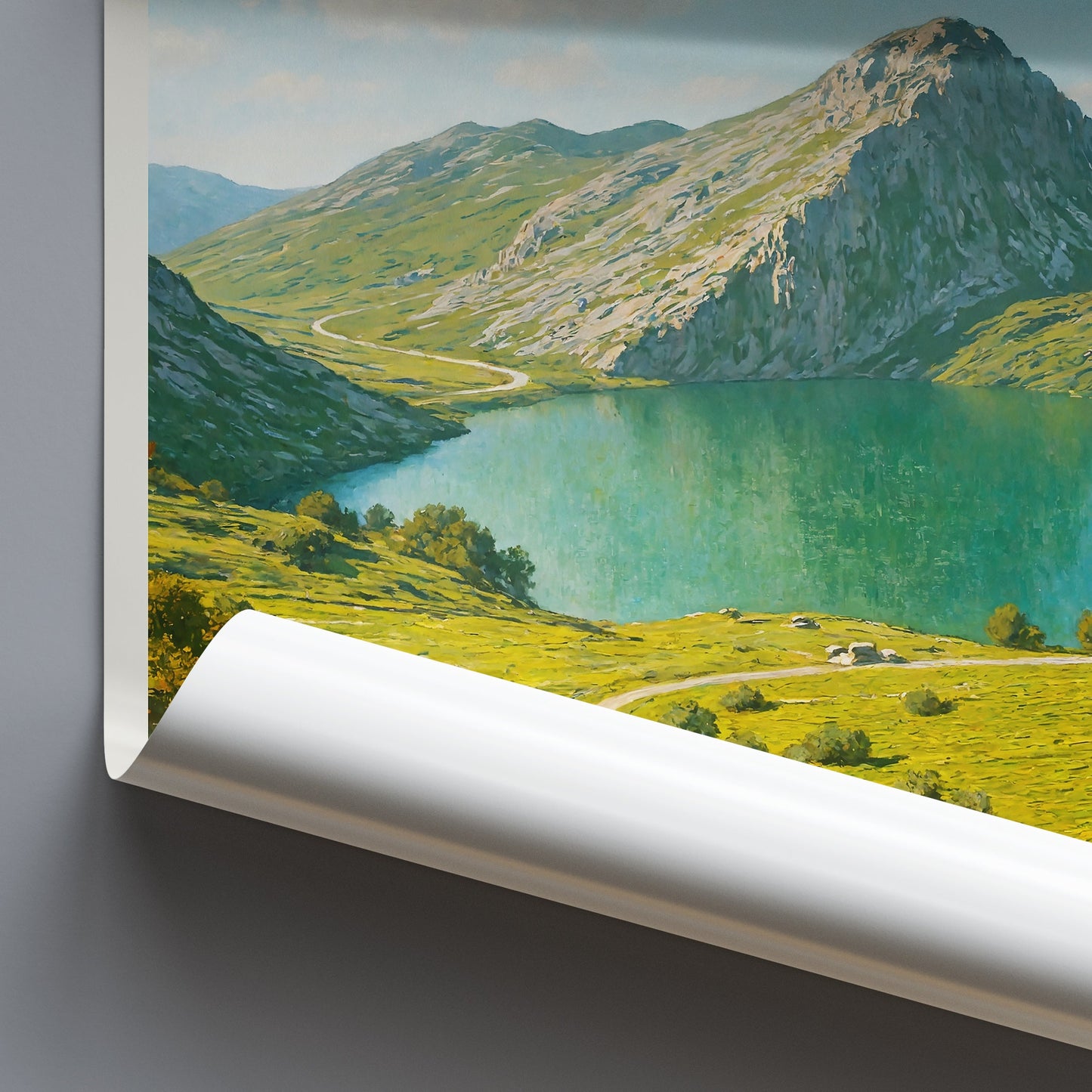 Lake Enol Travel Poster | Asturias Spain Mountain Lake Art Print | Rustic Landscape Wall Decor