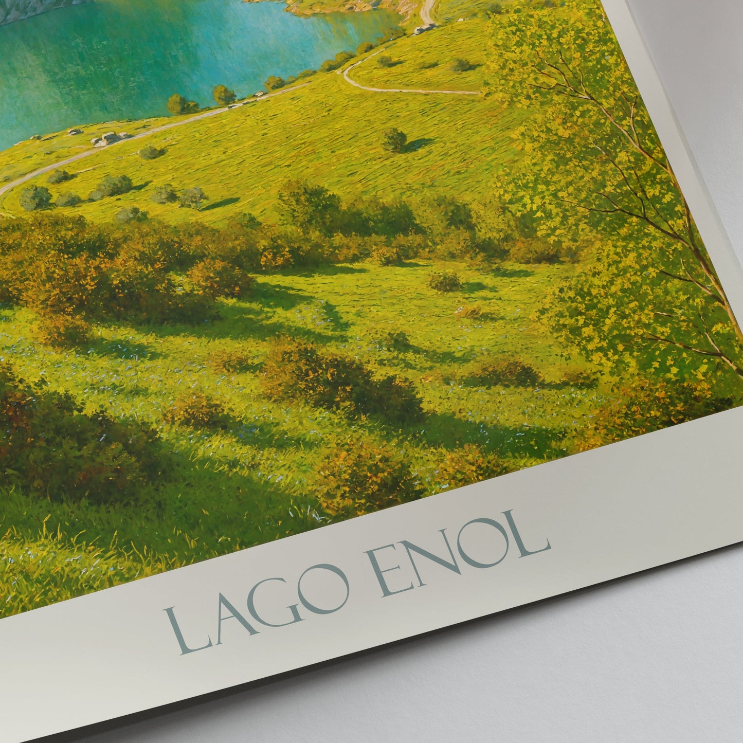 Lake Enol Travel Poster | Asturias Spain Mountain Lake Art Print | Rustic Landscape Wall Decor