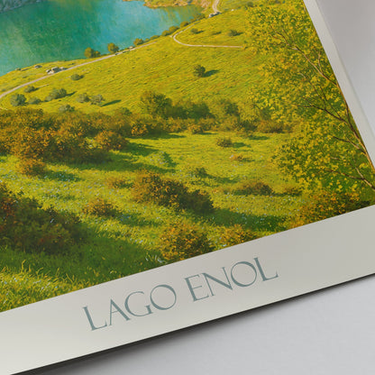 Lake Enol Travel Poster | Asturias Spain Mountain Lake Art Print | Rustic Landscape Wall Decor