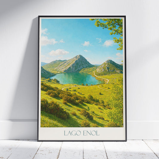 Lake Enol Travel Poster | Asturias Spain Mountain Lake Art Print | Rustic Landscape Wall Decor