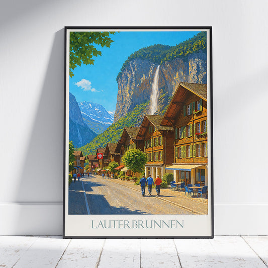 Lauterbrunnen Switzerland Poster, Staubbach Falls Art Print | Swiss Village Wall Art | Alpine Travel Decor Gift