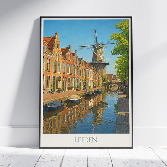Leiden Travel Poster, Dutch Canal & Windmill Art Print | Netherlands Cityscape Wall Decor | Holland Home Gift