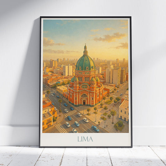 Lima Travel Poster | Peru Cityscape Art Print | Historic Church Dome Wall Art | Vintage Oil Painting Style Decor | South America Gift