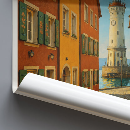 Lindau Germany Travel Poster, Colorful Street Art Print | Lake Constance | Lighthouse Wall Decor