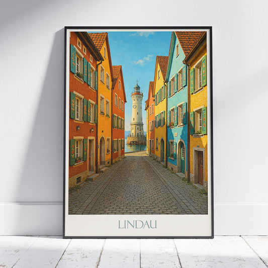 Lindau Germany Travel Poster, Colorful Street Art Print | Lake Constance | Lighthouse Wall Decor