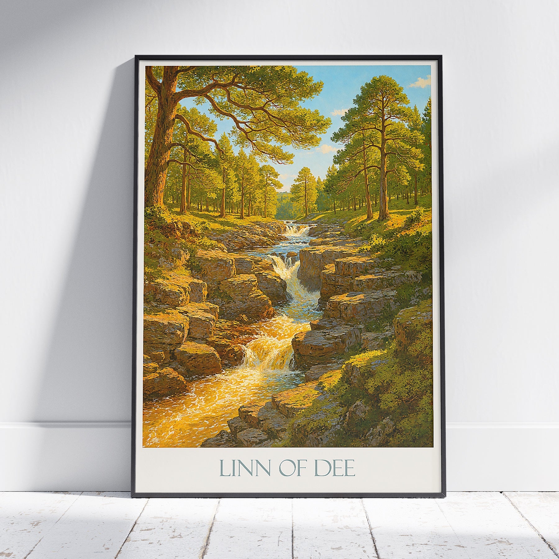 Linn of Dee Travel Poster, Scotland Woodland Waterfall Art Print | Cairngorms National Park Landscape Decor | Nature Lover Gift