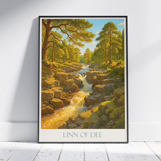 Linn of Dee Travel Poster, Scotland Woodland Waterfall Art Print | Cairngorms National Park Landscape Decor | Nature Lover Gift