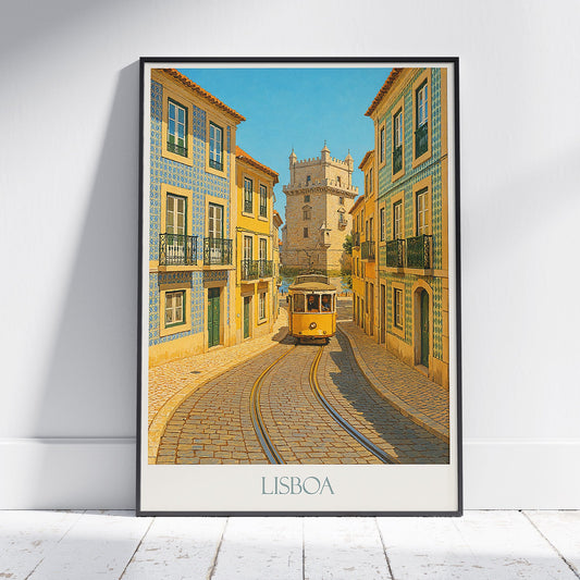 Lisbon Travel Poster, Iconic Tram & Belém Tower Art Print | Portugal Cityscape Wall Decor | Vintage Style Home Gift