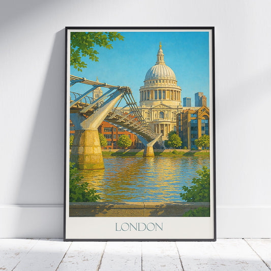 London Travel Poster | Millennium Bridge St Paul's Art Print ~ River Thames City Wall Decor | UK Landmark Gift