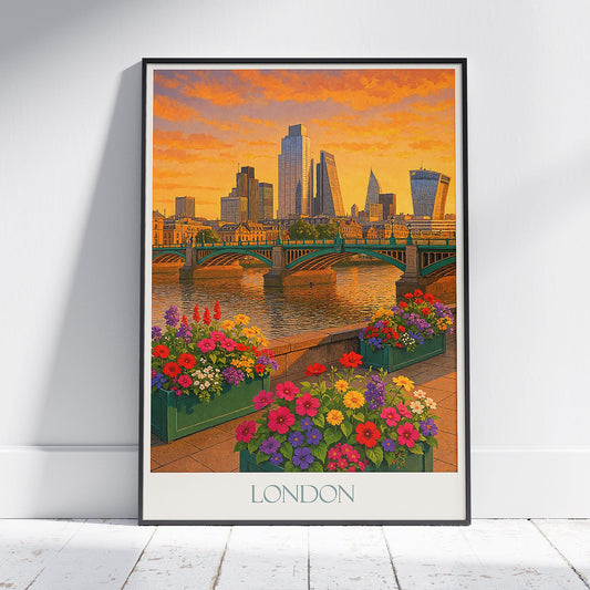 London Travel Poster, Southwark Bridge Sunrise | Vibrant Cityscape Wall Art Print | UK Home Decor Gift