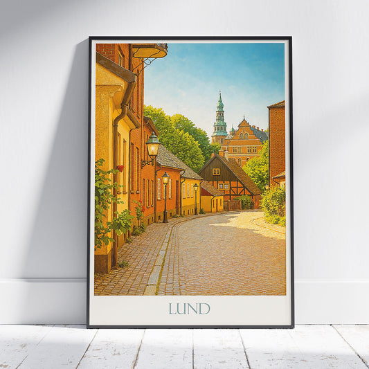 Lund Sweden Travel Poster, Charming Old Town Street ~ Cobblestone Art Print | European Home Decor | Vintage Style Gift