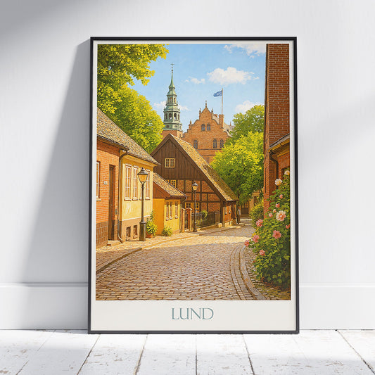 Lund Sweden Travel Poster, Old Town Street View ~ Historic Cityscape Wall Art Print | Charming European Home Decor