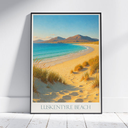 Luskentyre Beach Travel Poster, Isle of Harris Scotland Art Print | Golden Sand Dunes & Turquoise Sea Painting | Coastal Wall Decor