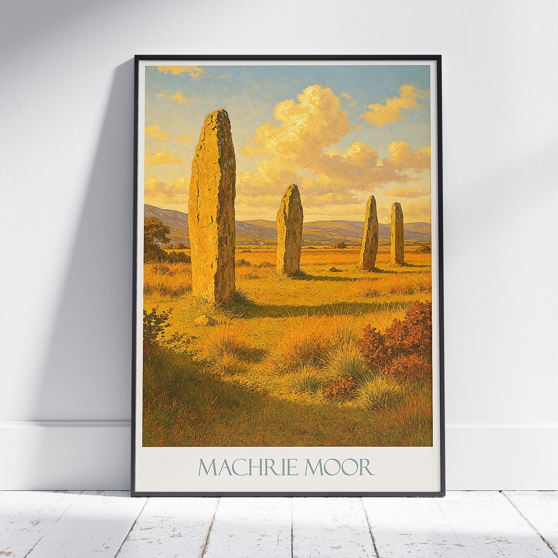 Machrie Moor Standing Stones Travel Poster | Isle of Arran Scotland Art Print | Ancient Celtic Wall Decor | Sunlit Landscape Gift
