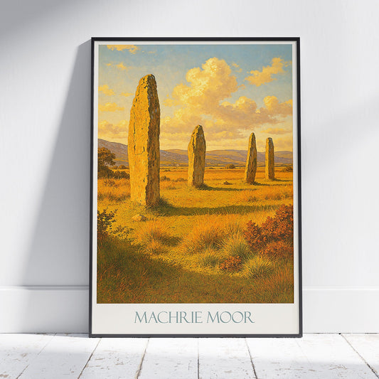 Machrie Moor Standing Stones Travel Poster | Isle of Arran Scotland Art Print | Ancient Celtic Wall Decor | Sunlit Landscape Gift