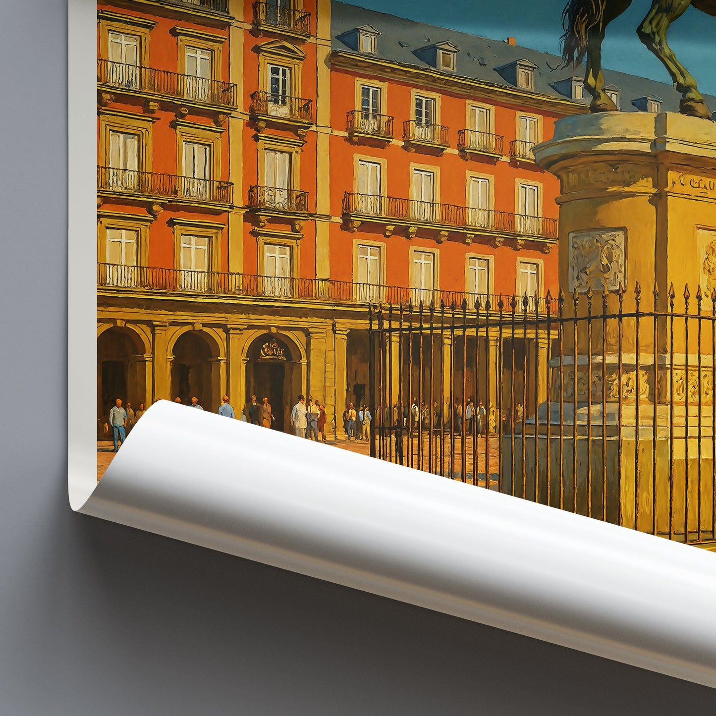 Madrid Plaza Mayor Travel Poster | Spain Iconic Landmark Art Print | Vibrant Cityscape Wall Decor | Equestrian Statue Art