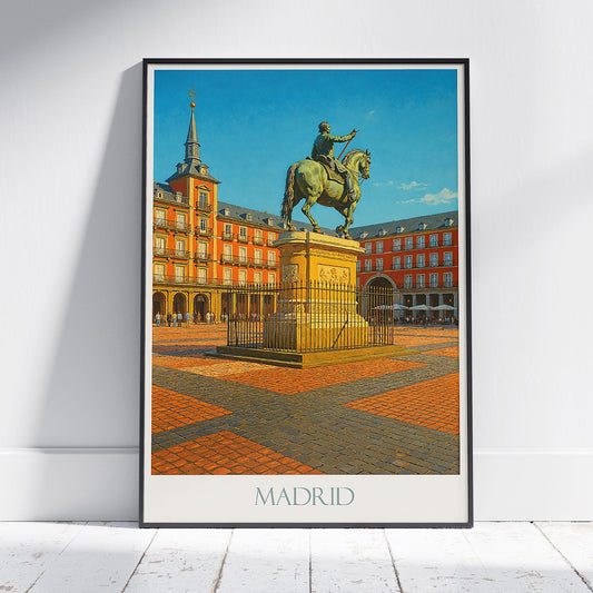 Madrid Plaza Mayor Travel Poster | Spain Iconic Landmark Art Print | Vibrant Cityscape Wall Decor | Equestrian Statue Art
