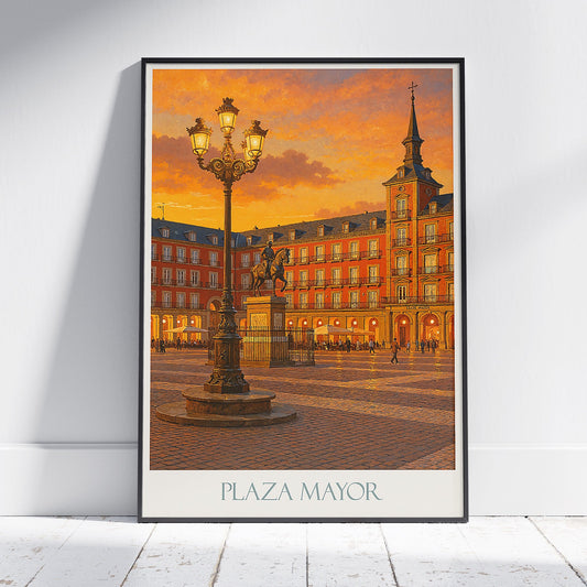 Madrid Travel Poster, Plaza Mayor Sunset ~ Spain Painted Wall Art Print | European City Home Decor | Unique Vacation Gift