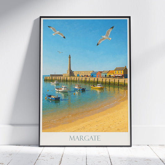 Margate Travel Poster | Vibrant Harbor Scene Art Print | Kent England Coastal Decor | Lighthouse & Boats Wall Art