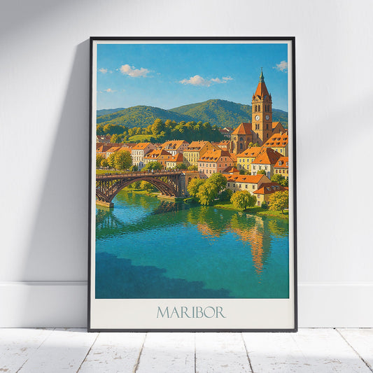 Maribor Slovenia Travel Poster | River Cityscape Art Print | Vibrant European Wall Decor | Architectural Painting | Vacation Gift