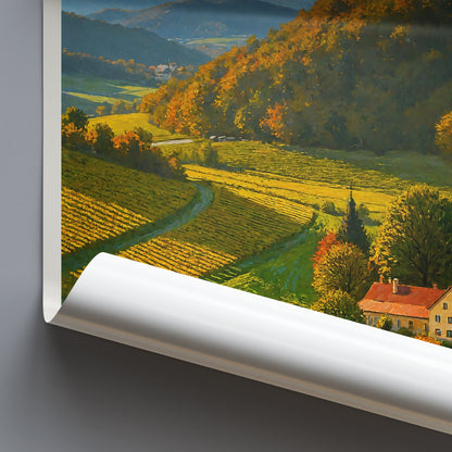 Maribor Travel Poster, Sunrise Valley Art Print ~ Slovenia Vineyard Landscape | European Farmhouse Wall Art Decor