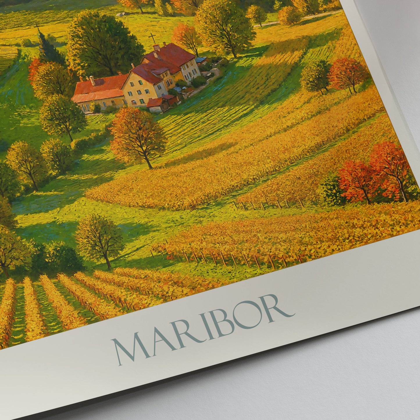 Maribor Travel Poster, Sunrise Valley Art Print ~ Slovenia Vineyard Landscape | European Farmhouse Wall Art Decor