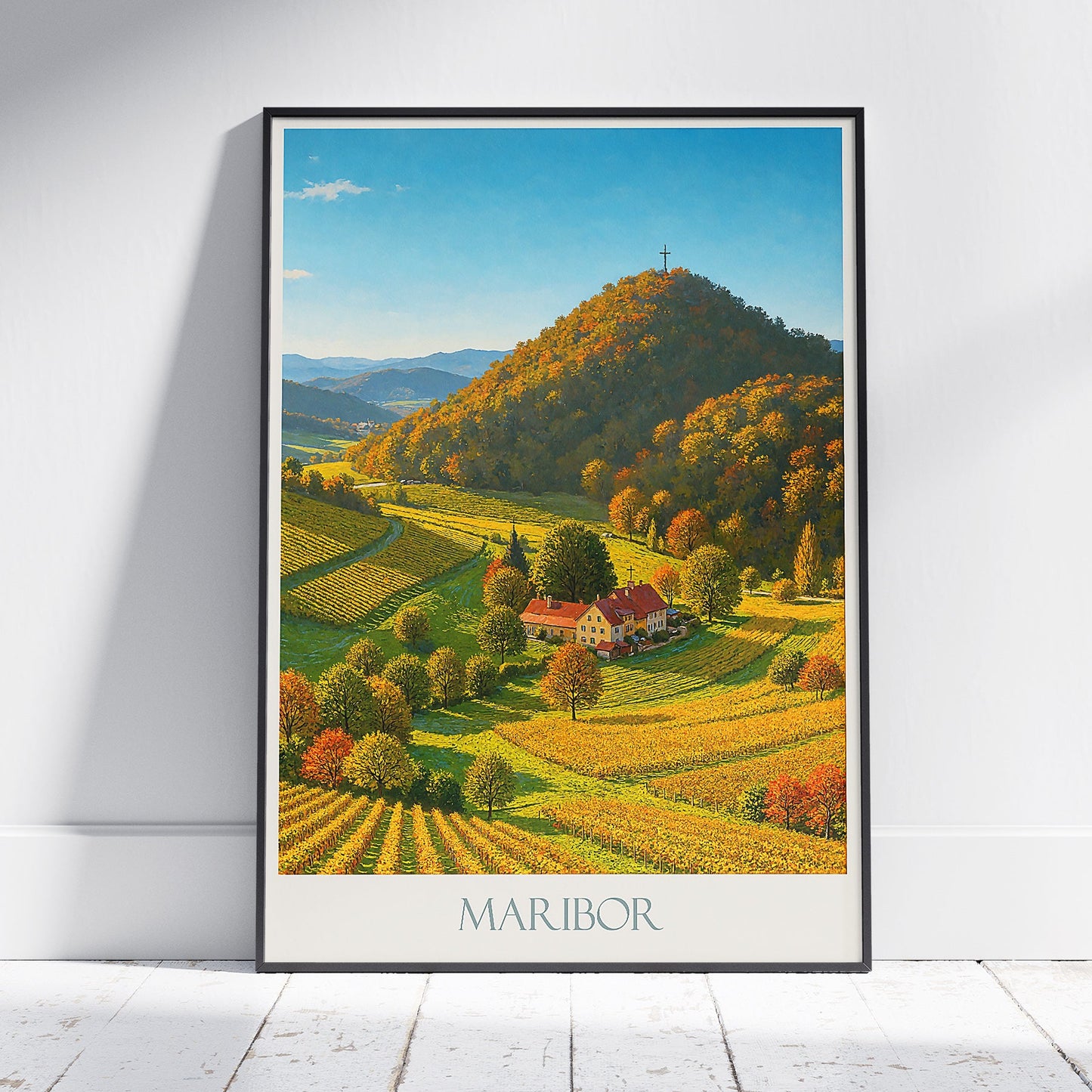 Maribor Travel Poster, Sunrise Valley Art Print ~ Slovenia Vineyard Landscape | European Farmhouse Wall Art Decor