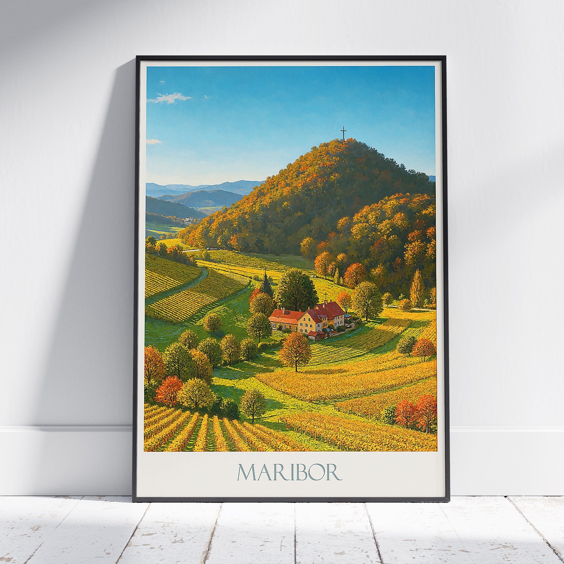 Maribor Travel Poster, Sunrise Valley Art Print ~ Slovenia Vineyard Landscape | European Farmhouse Wall Art Decor